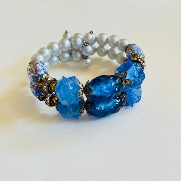 VTG blue Bracelet Venetian molded Glass wrap coil Beaded beads chunky lamp light - Picture 1 of 6